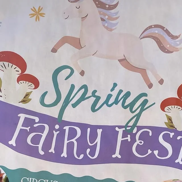 Pastel local event flyer detail with unicorn illustration, mushrooms, and teal script lettering